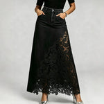 Washed Denim Lace-Panel Long Bodycon Skirt