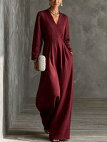Womens V-neck Long-sleeve Relaxed-fit Wide-leg Jumpsuit