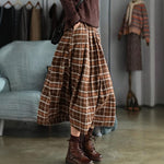 Retro Plaid Flannel Swing Skirt Long Dress With Elastic Waist