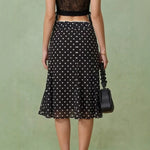 French-style Asymmetrical Strap Black And White Midi Dress