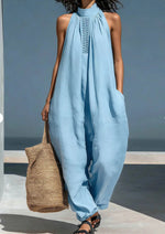 Women's Solid Color Stand-up Collar Sleeveless Casual Loose Jumpsuit