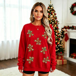 Womens Christmas Gingerbread Man Glittery Loose-Fit Pullover Hoodie