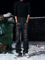 Mens Bamboo-Stripe Double-Waist Metal Button Cat-Foot Denim Jeans