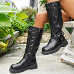 Calf-length Metal Belt-buckle Chunky-heeled High-top Denim Boots