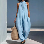 Women's Solid Color Stand-up Collar Sleeveless Casual Loose Jumpsuit