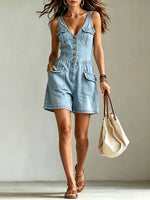 Loose-fitting Sleeveless Denim Overalls Shorts For Women