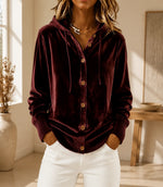 Buttoned Velvet Hooded Cardigan Solid-Color Coat For Women