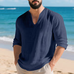 Mens Linen Casual Loose-fit V-neck Long-sleeve Shirt