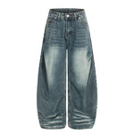American-style Vintage Ice-blue Pleated Bootcut Jeans