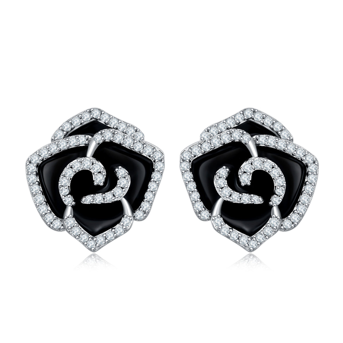 S925 Sterling Silver Black Enamel Rose Stud Earrings, D-VVS1 Moissanite Pave Outline, Platinum Plated 5.2g Elegant Women's Gift Box