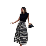 Striped-print Pleated Elegant A-line Skirt