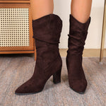 Suede Pointed-toe Fashion Boots With Pleated Mid-calf Design And Chunky Heel