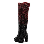 Sequin Gradient Round-Toe Side-Zip Chunky Heel Over-the-Knee Womens Boots