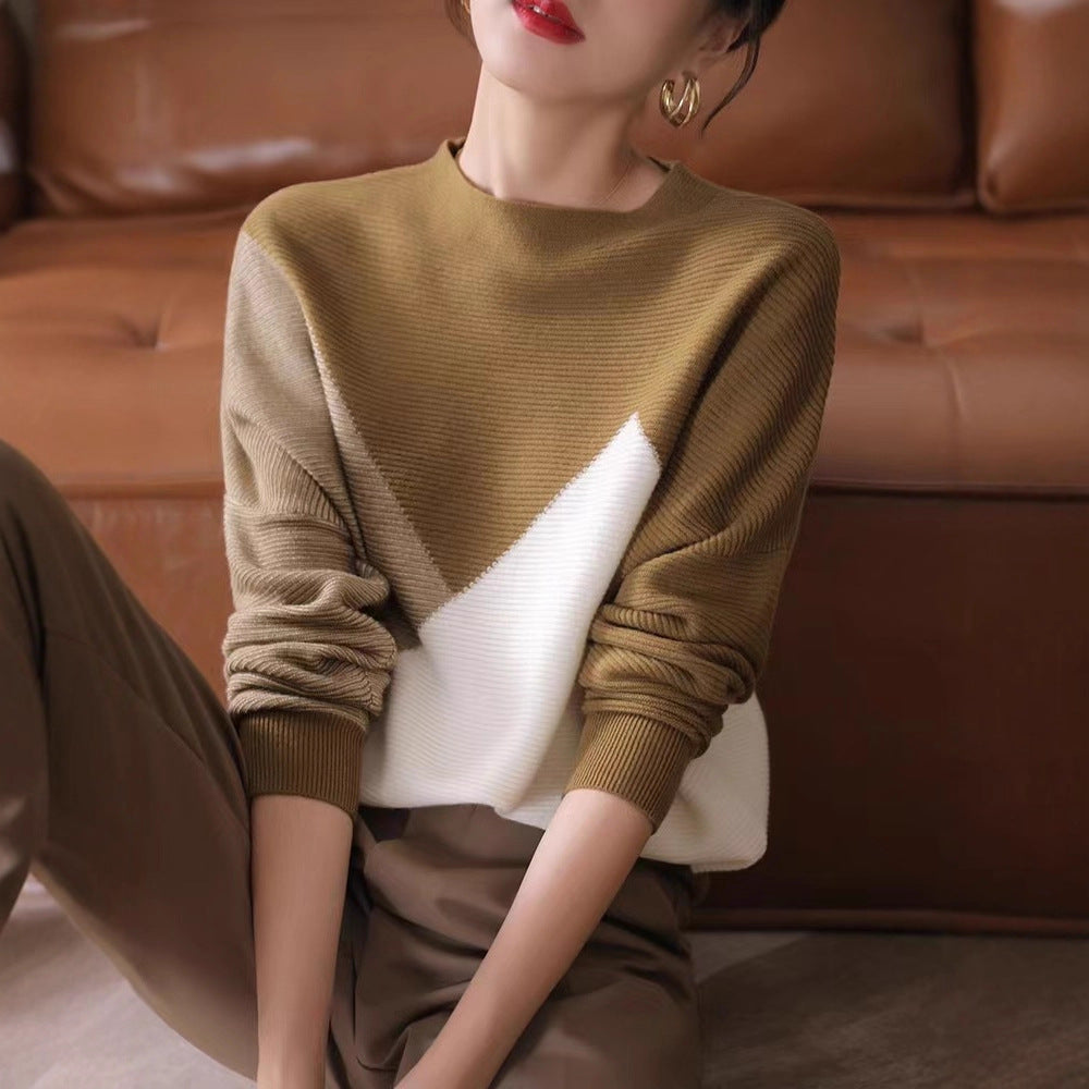 Comfortable Versatile Color-blocked Wool Loose-fit Mock-neck Base Sweater