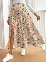 Floral-print Split Ruffled Skirt Sweet And Slimming