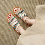 Cowhide Woven Color-block Flat Sandals