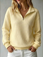 Loose-fit Waffle-knit Stand-collar Zip-up Long-sleeve Womens Sweatshirt