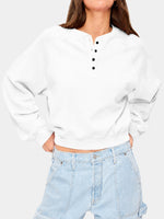 Womens Crew-neck Button-up Sweatshirt Loose-fit Casual Cropped Top
