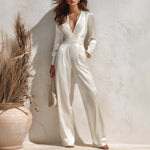 Womens V-neck Long-sleeve Satin Jumpsuit