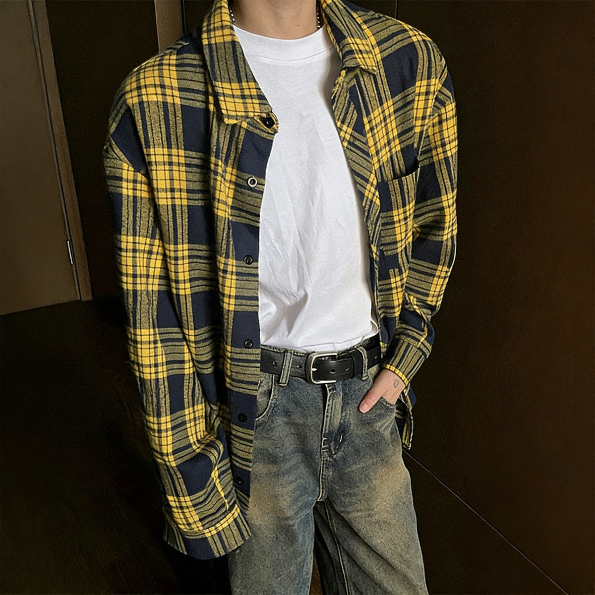 Mens Casual American-Style Plaid Shirt