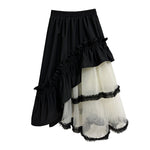 Womens French-style Color-Block Ruffled-Piped Mesh Midi Skirt