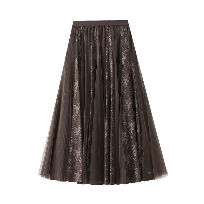 French-style Lace And Mesh Patchwork High-Waisted Elastic Waist Skirt