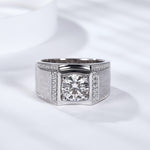S925 Sterling Silver Men's Wide Band Moissanite Ring, 1&2ct D-VVS1 Brushed Finish With Pave Accents, Platinum Plated US Sizes 5-9, GRA Certificate Gift Box