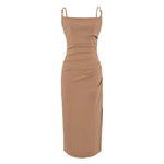 Womens Stylish Pleated Waist-cinching Side-slit Camisole Dress
