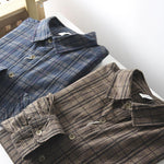 Mens Casual Long-sleeve Washed Cotton Plaid Shirt
