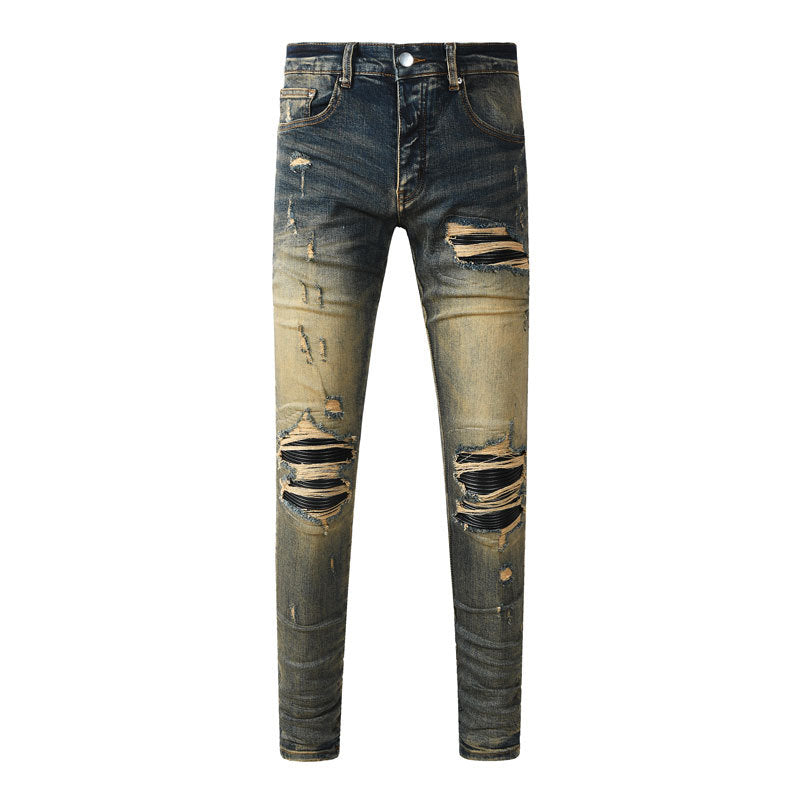 Fashionable Mens Distressed Dark-wash Jeans