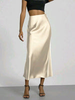 Womens Elegant, Silky-satin Versatile Midi Skirt