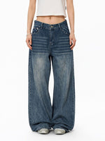 Star-print Wide-leg Denim Jeans For Women Washed Loose-fit Casual