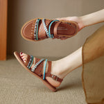 Cowhide Woven Color-block Flat Sandals