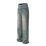 Mens High-Street Washed Distressed Loose Straight-Leg Pants
