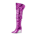 Sexy Womens High Heel Pleated Colorful Bootie Back Slit Pointed Toe Fashion Boots