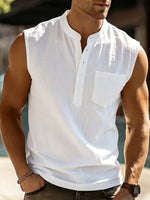 Mens Fashionable Casual Linen Sleeveless Henley Shirt Casual Vest