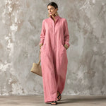 Long-sleeve Mandarin-collar Loose-fit Single-breasted Jumpsuit