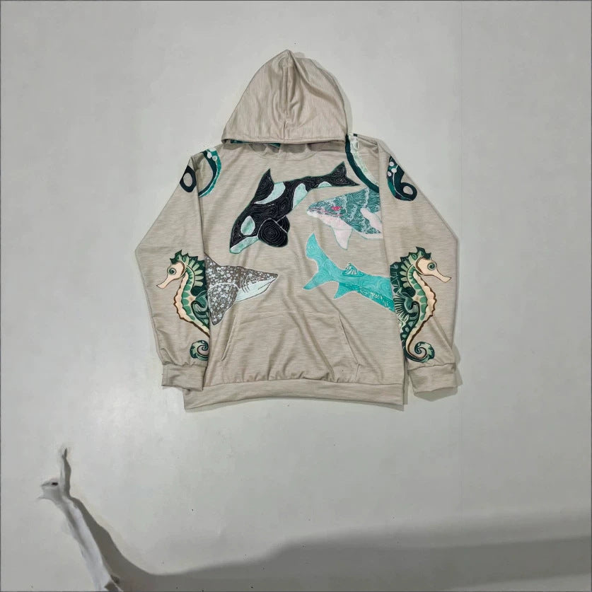 Digital-print Octopus-patterned Fleece-lined Hooded Sweatshirt
