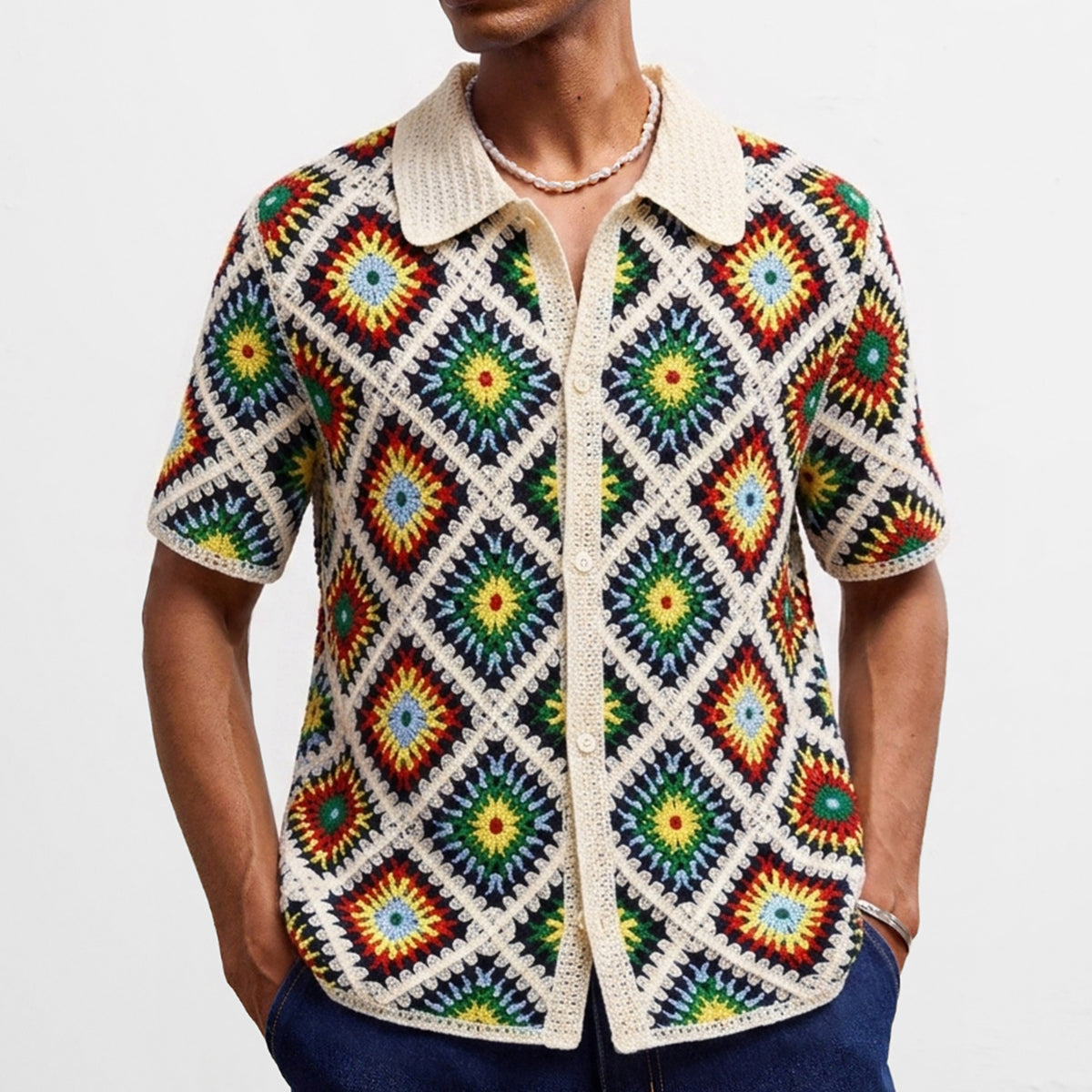 Retro Color-Block Crochet Knit Sweater In European And American Style