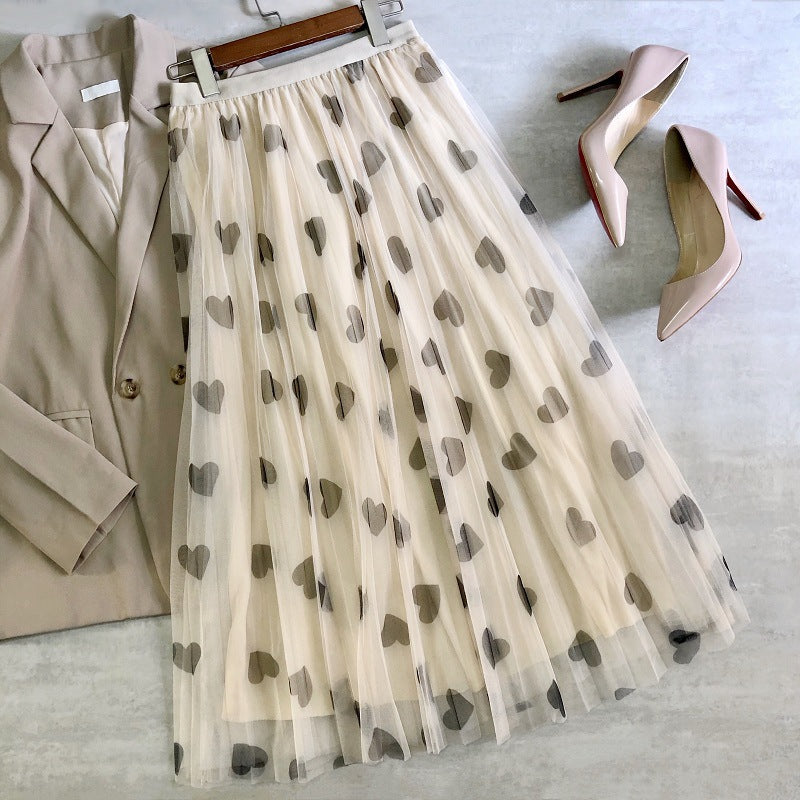 Early Spring Tulle With Heart Print Fairy-Like Gauze Skirt