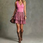 Casual Chic V-neck Dress, Solid-color With Leopard-print Panel Skirt