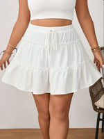 High Waist Drawstring Ruffle Tiered Mini Skirt With Liner, Casual A-Line Skort Sweet Cake Skirt Adjustable Tie Fake Two-piece Anti-Peek Skirt For Women