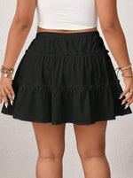 High Waist Drawstring Ruffle Tiered Mini Skirt With Liner, Casual A-Line Skort Sweet Cake Skirt Adjustable Tie Fake Two-piece Anti-Peek Skirt For Women