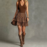 Casual Chic V-neck Dress, Solid-color With Leopard-print Panel Skirt