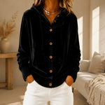 Buttoned Velvet Hooded Cardigan Solid-Color Coat For Women
