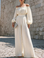 One-shoulder Puff-sleeve Waist-cinching Wide-leg Jumpsuit