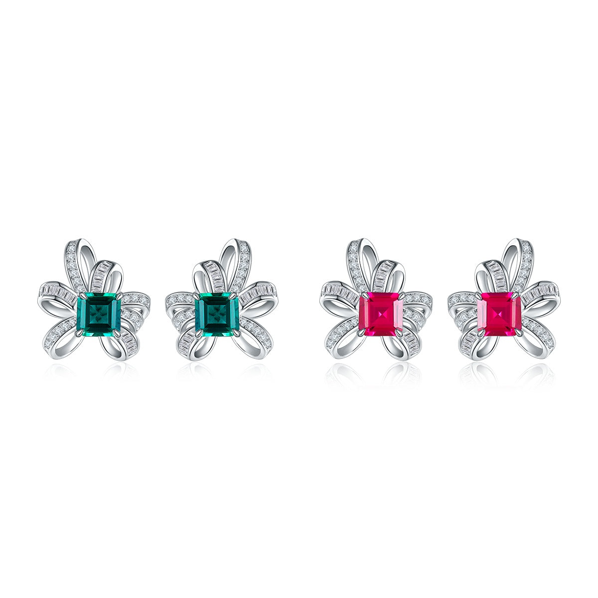 S925 Sterling Silver Bowknot Stud Earrings, 6x6mm Lab-Grown Ruby&Emerald With Mixed Pave Ribbon, Platinum Plated 3.2g Women's Jewelry Gift Box