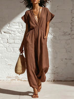 Womens V-neck Relaxed-fit Waist-cinching Jumpsuit