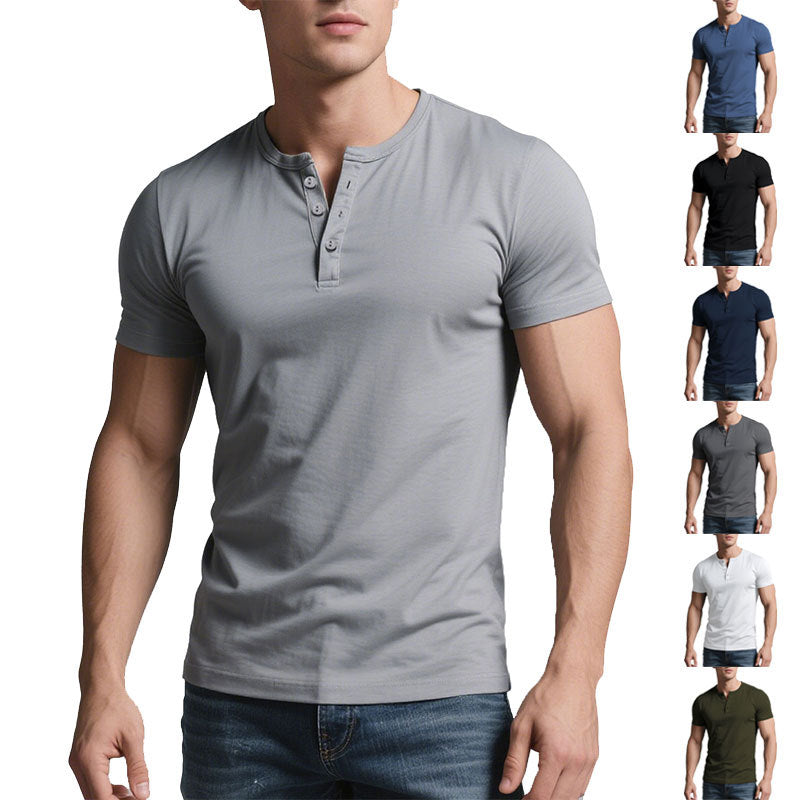 Mens Solid-Color Casual Crew-Neck Short-Sleeve