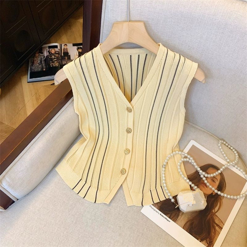 Retro V-Neck Sleeveless Knitted Cardigan Womens Summer Thin VestUndershirt